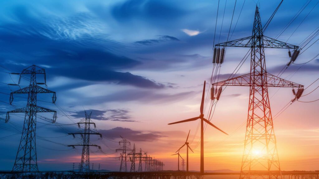 Power line towers with wind turbines in the background, highlighting the integration of renewable energy sources into the electrical grid.