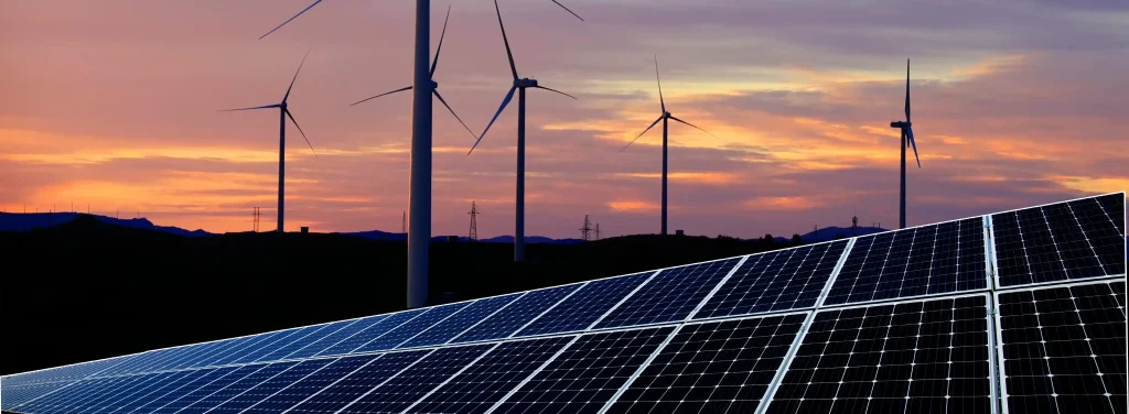 Een foto met zonnepanelen en op de achtergrond windmolens en een zonsondergang